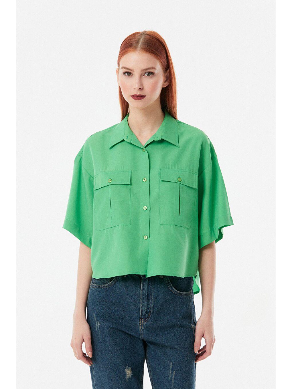 Yeşil Arkası Uzun Önü Kısa Çift Cepli Salaş Gömlek-2