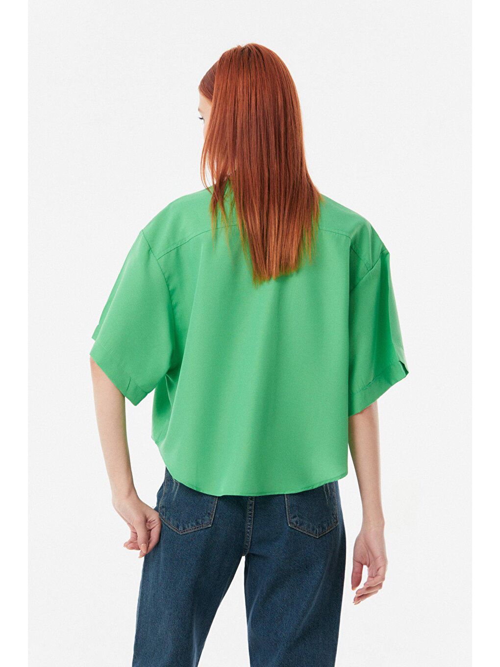 Yeşil Arkası Uzun Önü Kısa Çift Cepli Salaş Gömlek-3