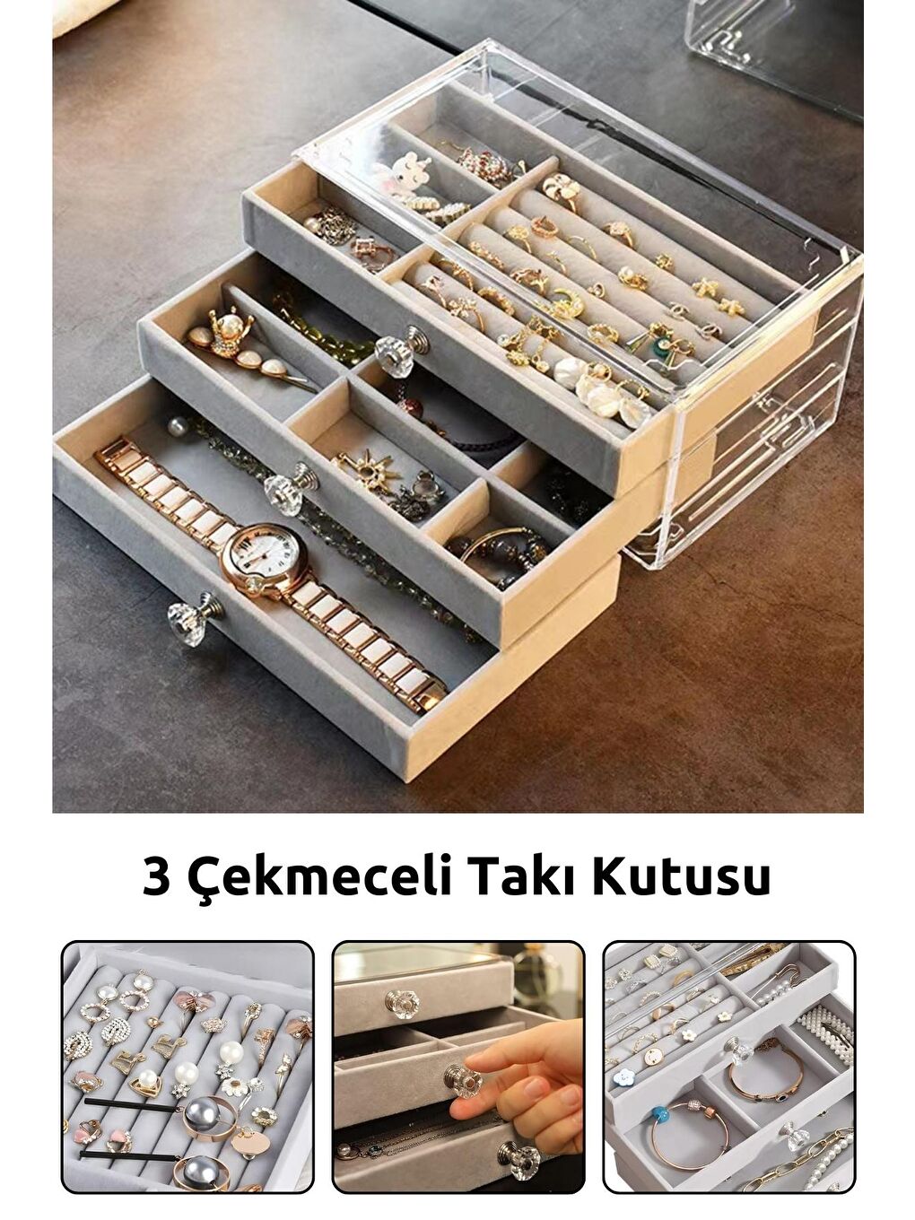 Ecrou Gri Modern 3 Çekmeceli Takı Bijuteri Mücevher Kutusu Organizer Düzenleyici Şeffaf 13 X 23 X 10 Cm