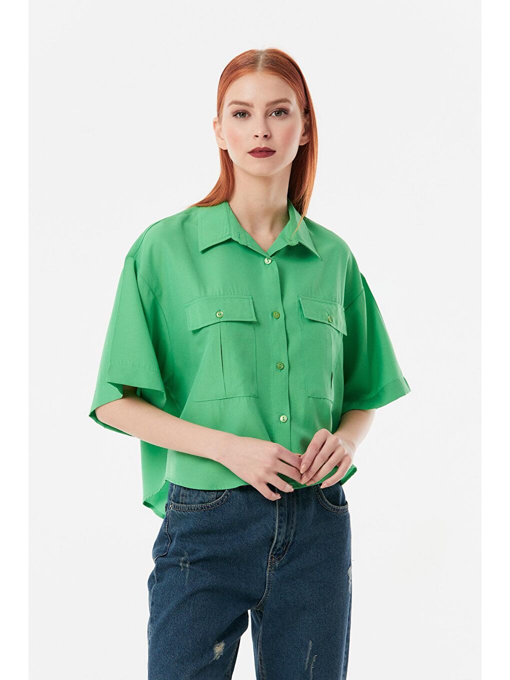 Yeşil Arkası Uzun Önü Kısa Çift Cepli Salaş Gömlek-4