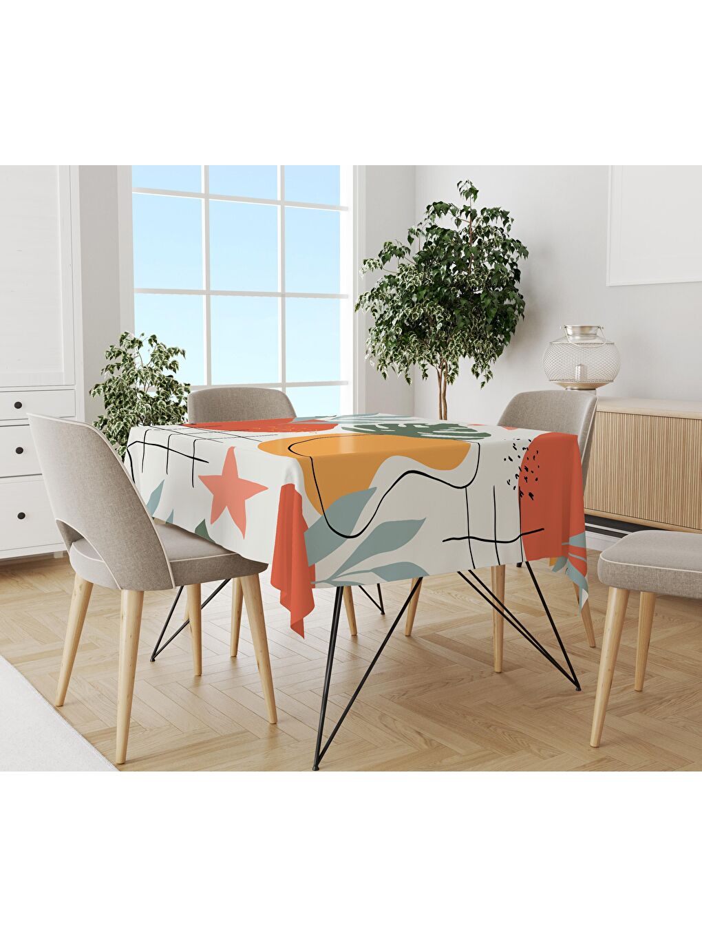 Karışık Geometrik Desenli Masa Örtüsü Beyaz