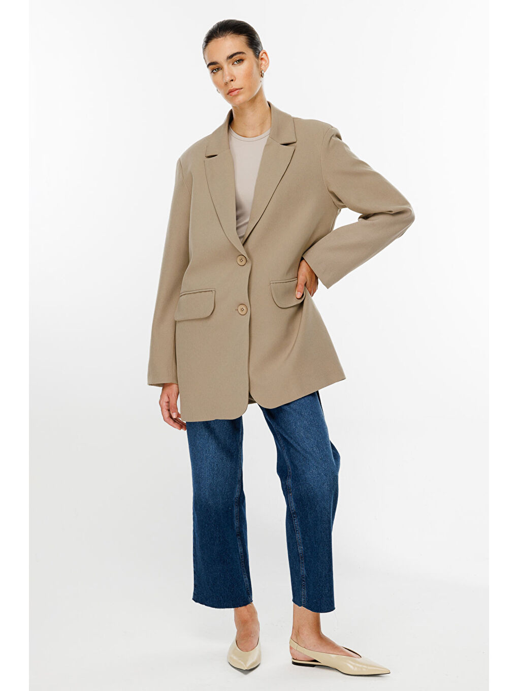 Bej Oversize Basic Blazer - Vizon