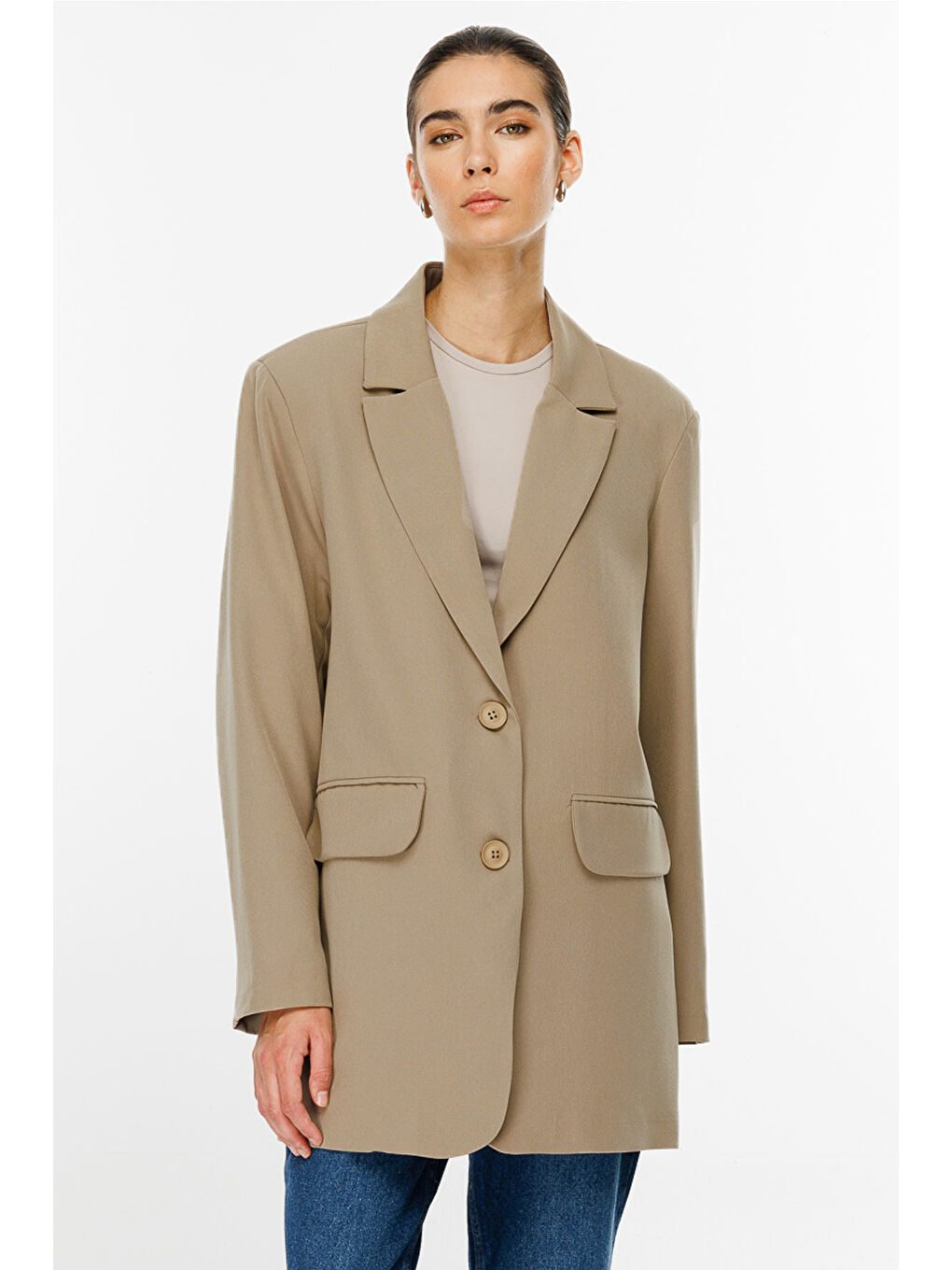 Bej Oversize Basic Blazer - Vizon-1