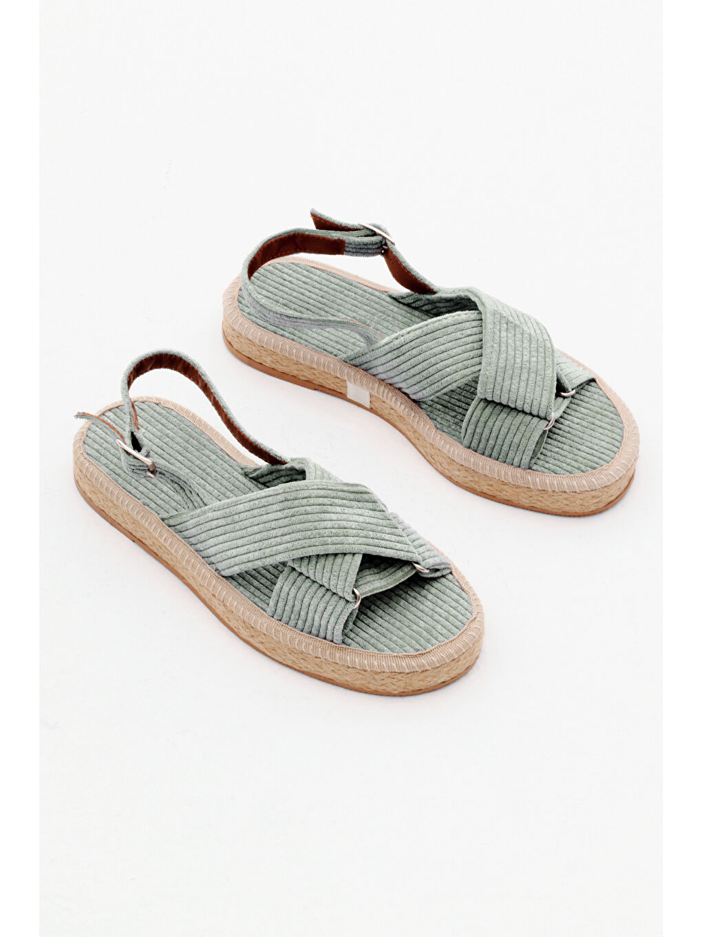 Turkuaz Kadın Su Yeşili Çapraz Bantlı Bilekten Bağlamalı Hasır Tabanlı Triko Sandalet-1