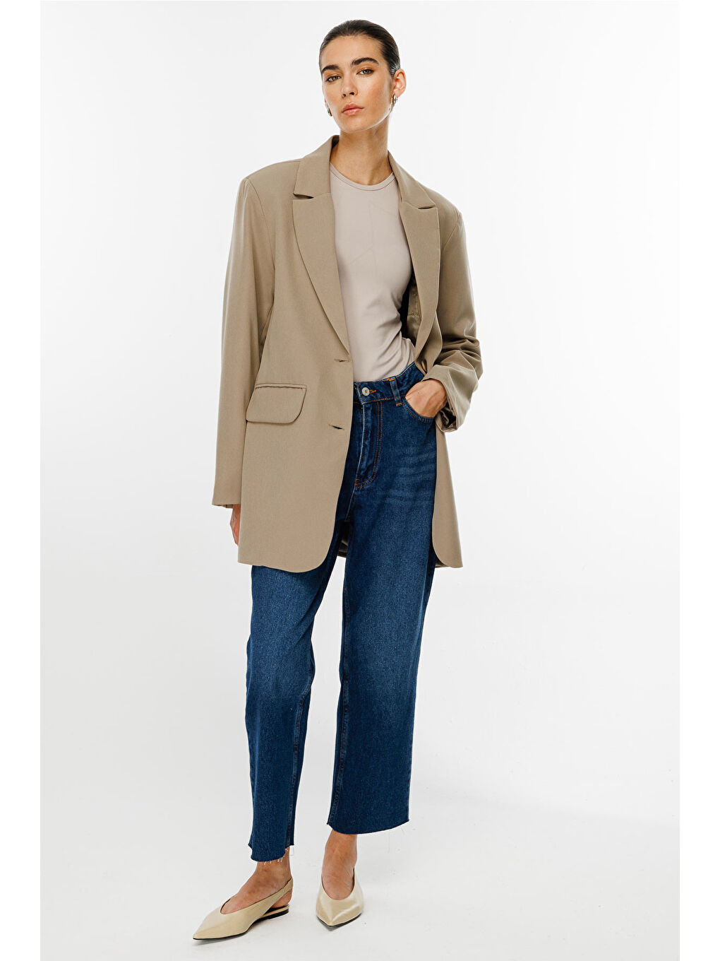 Bej Oversize Basic Blazer - Vizon-2