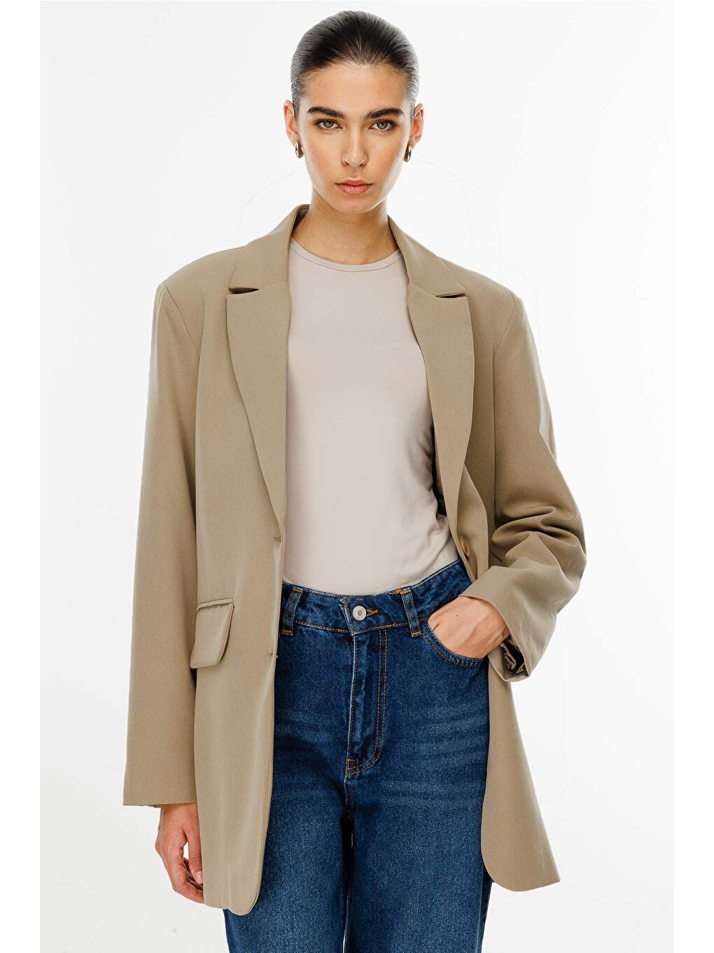 Bej Oversize Basic Blazer - Vizon-3