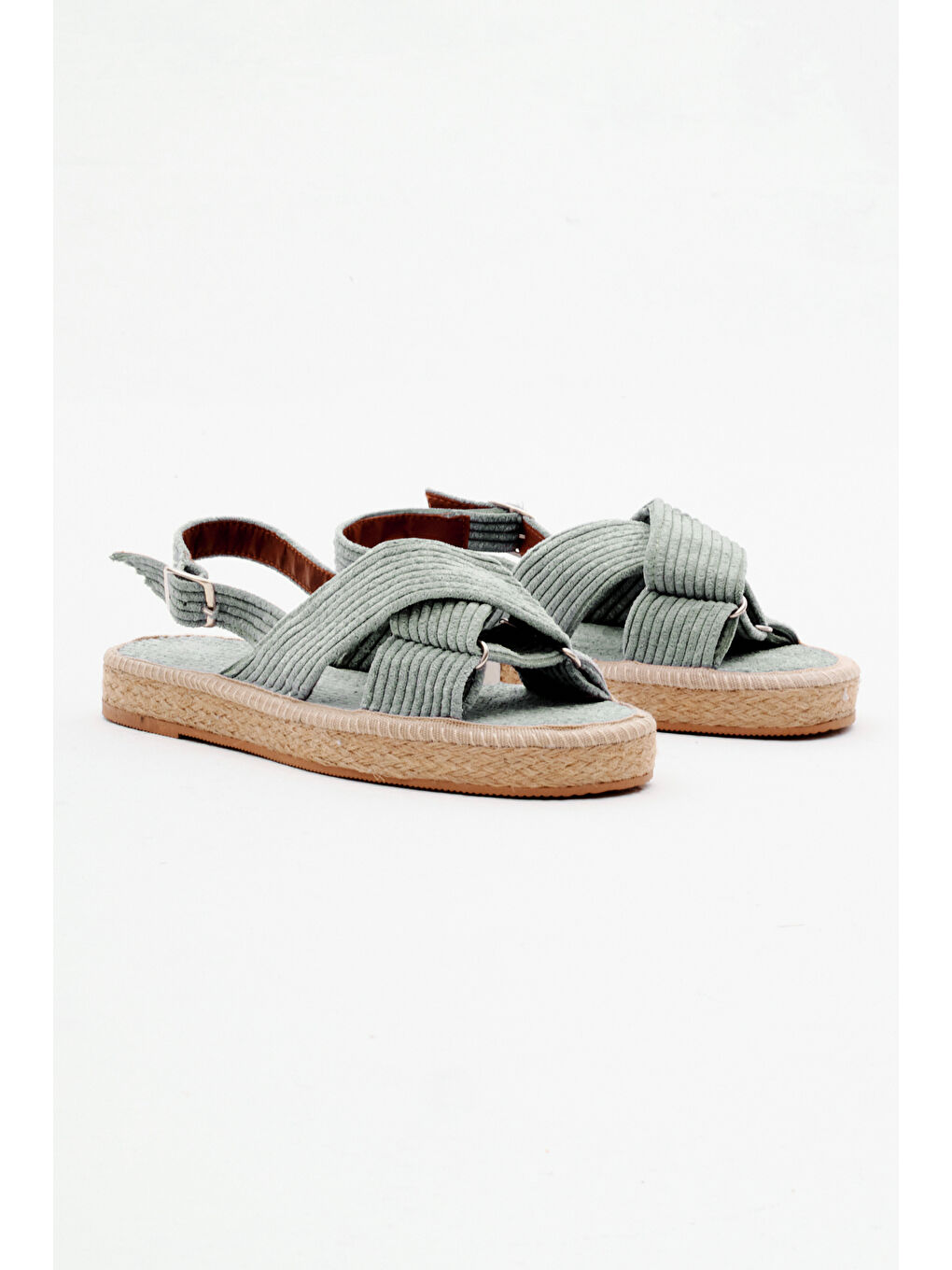 Turkuaz Kadın Su Yeşili Çapraz Bantlı Bilekten Bağlamalı Hasır Tabanlı Triko Sandalet-2