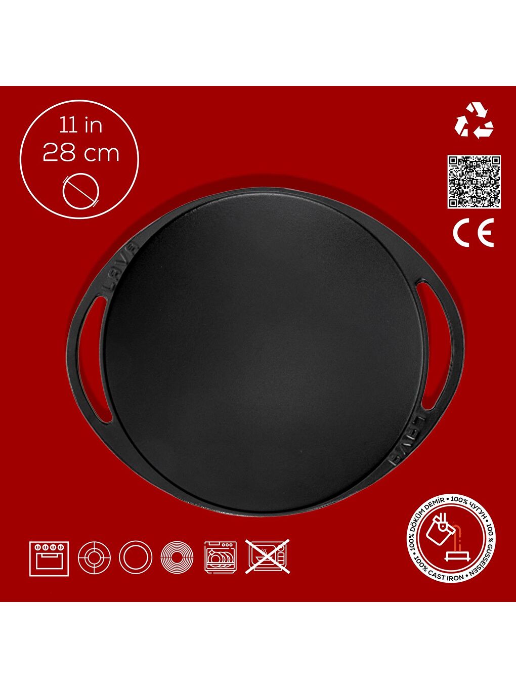 Bordo Yuvarlak Saç Kavurma Tavası Döküm Demir Yekpare Çift Kulplu Çap(Ø)28cm.-3