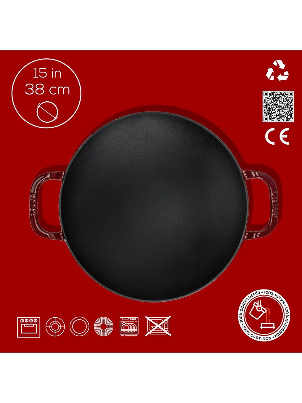 Bordo Yuvarlak Wok Döküm Demir Yekpare Çift Kulplu Çap(Ø)38cm.-3