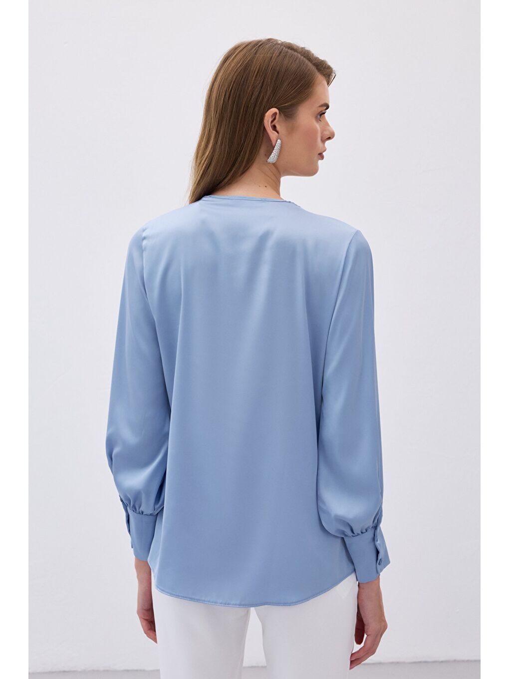 V Yaka Saten Bluz - Bebe Mavi-4