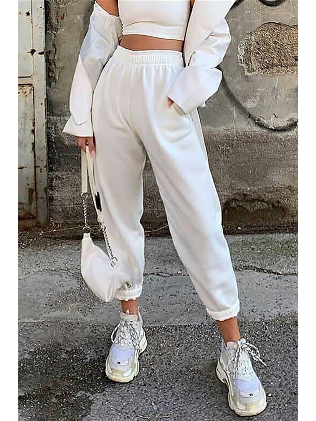 Beyaz Paça Lastikli Oversize Kadın Eşofman Mg324