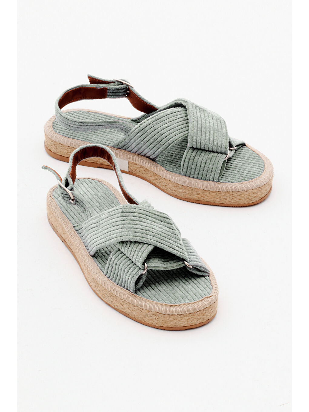 Turkuaz Kadın Su Yeşili Çapraz Bantlı Bilekten Bağlamalı Hasır Tabanlı Triko Sandalet-3