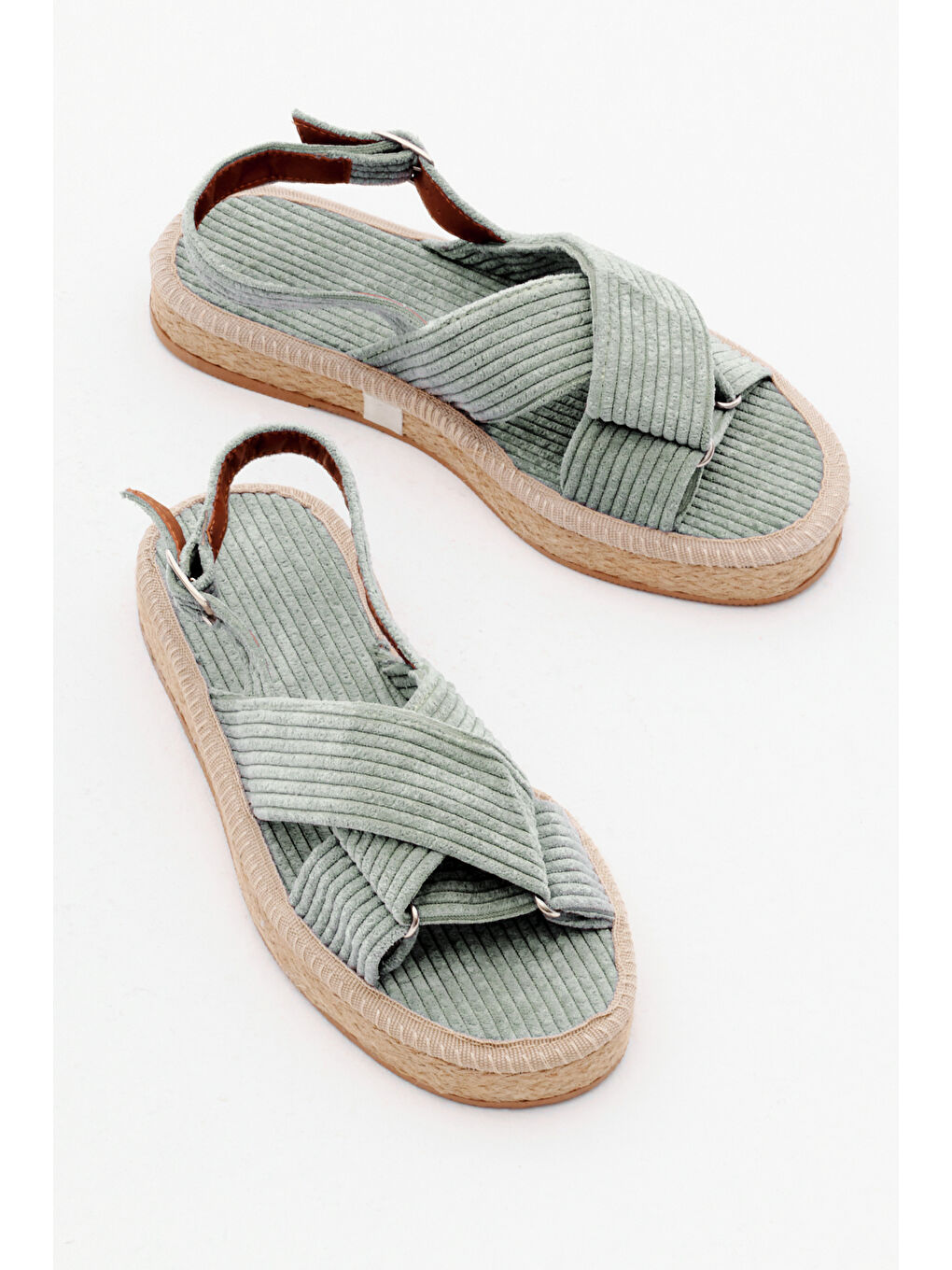 Turkuaz Kadın Su Yeşili Çapraz Bantlı Bilekten Bağlamalı Hasır Tabanlı Triko Sandalet-4