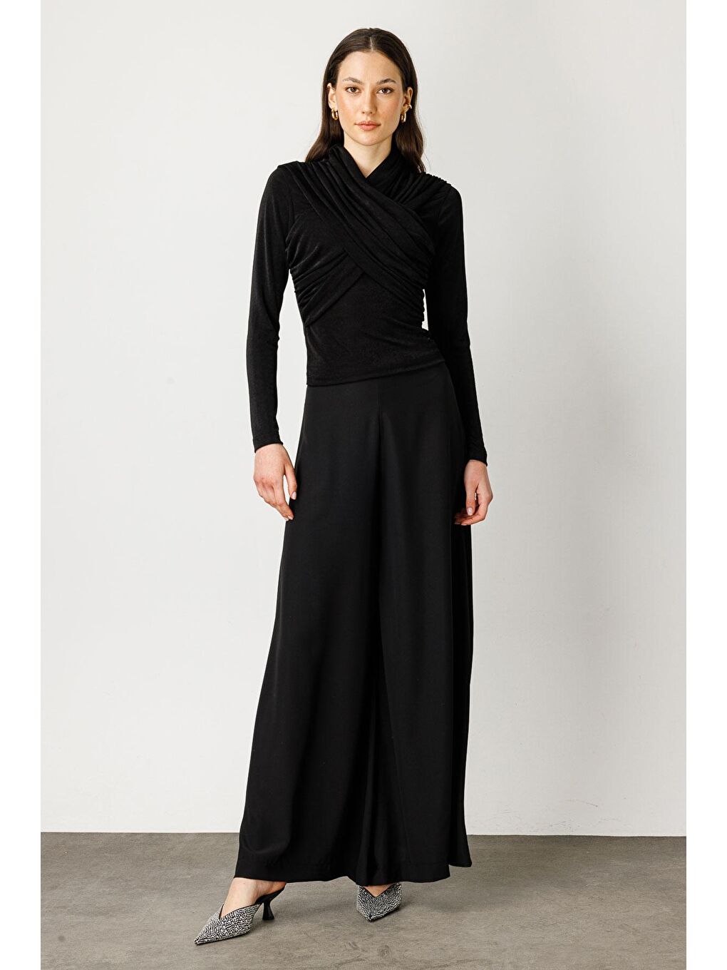 Geniş Paça Kumaş Pantolon - Siyah-1