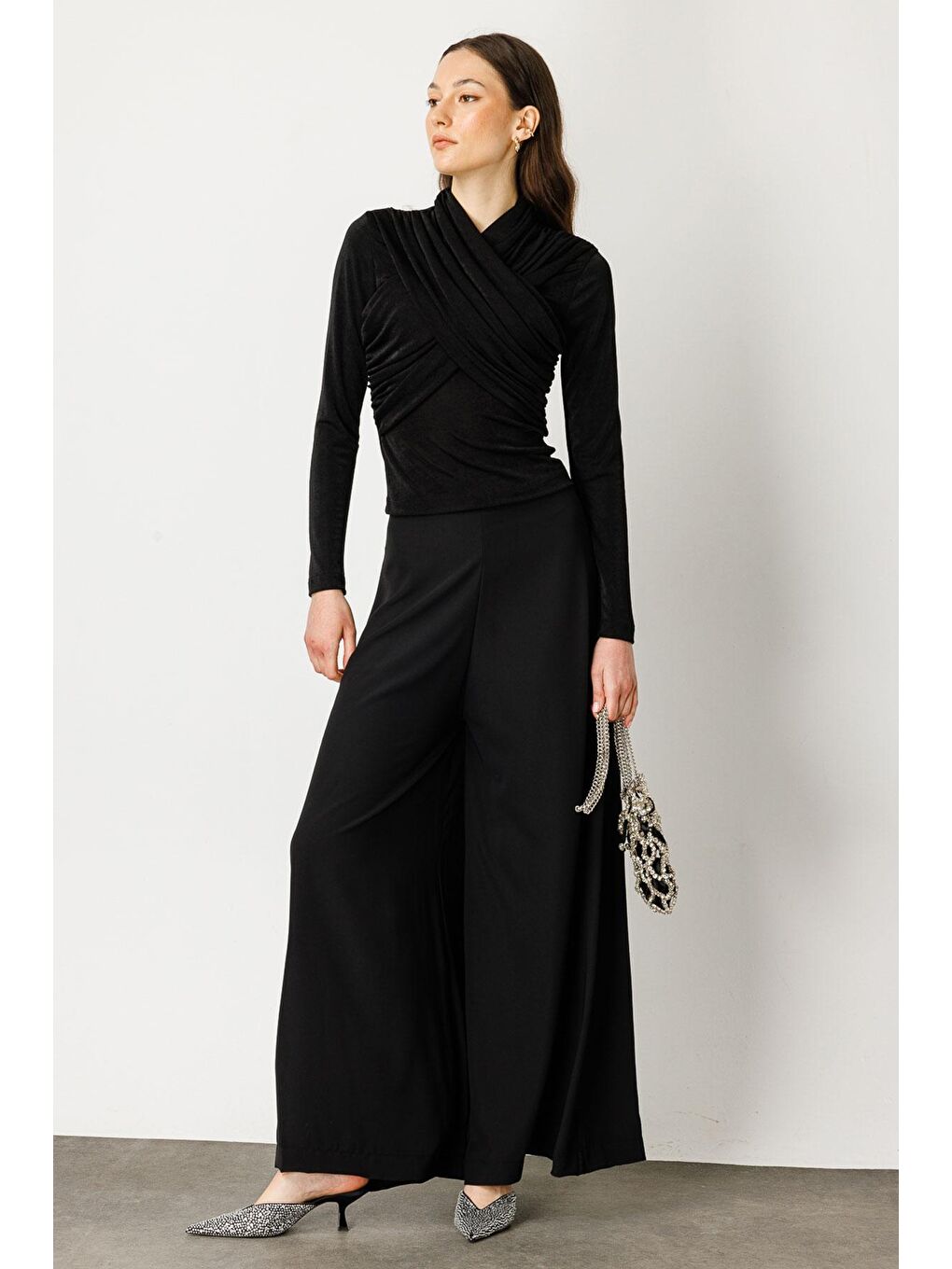 Geniş Paça Kumaş Pantolon - Siyah-3