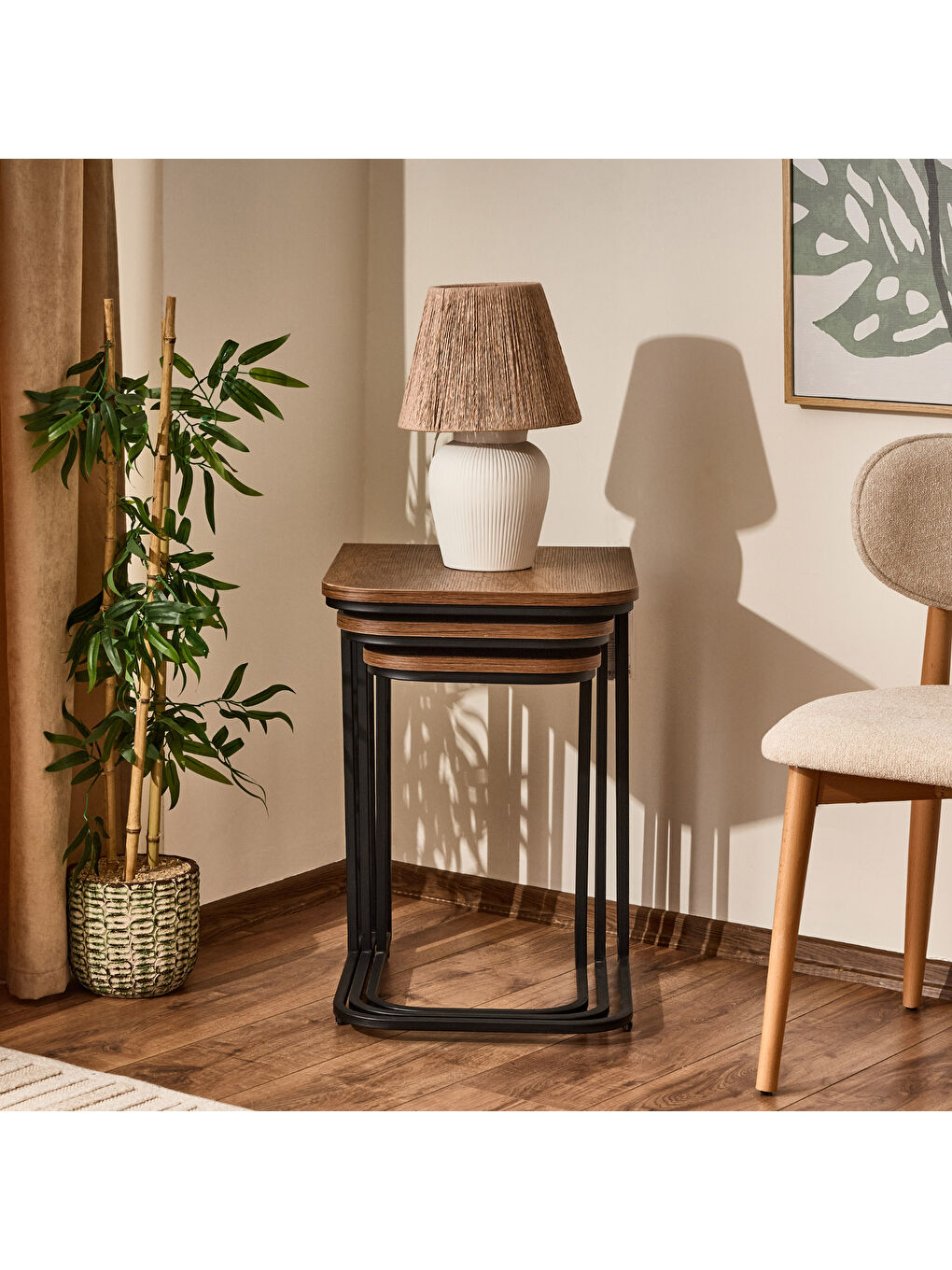 Kahverengi Metal Ayaklı Tekerlekli C Zigon Sehpa - Barok Ceviz - 62x48x41 cm-3