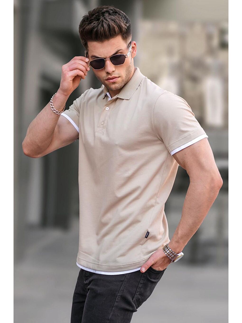 Madmext Bej Basic Polo Yaka Tişört 5885