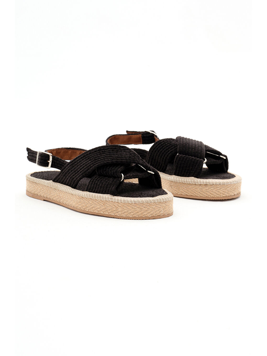 Kadın Siyah Çapraz Bantlı Bilekten Bağlamalı Hasır Triko Sandalet-2