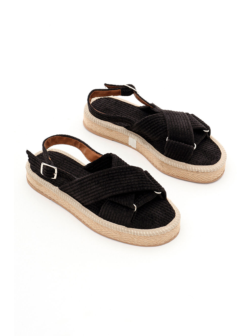 Kadın Siyah Çapraz Bantlı Bilekten Bağlamalı Hasır Triko Sandalet-4