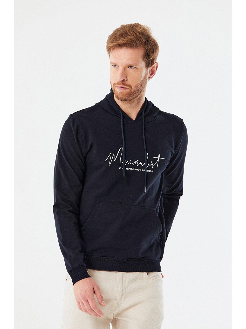 Lacivert Kanguru Cepli Minimalist Baskılı Kapüşonlu Sweatshirt