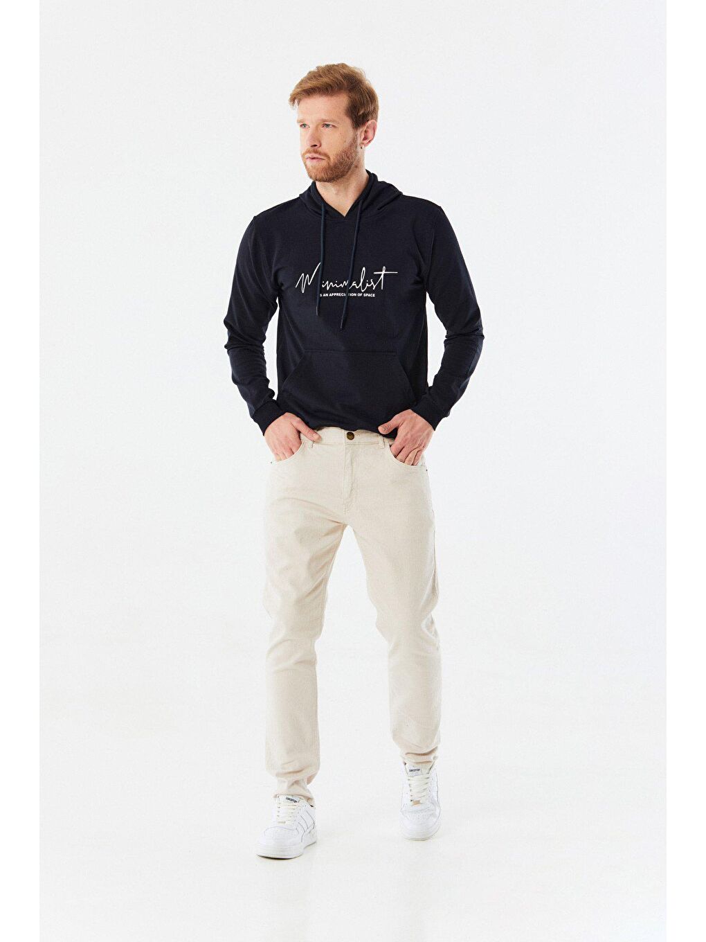 Lacivert Kanguru Cepli Minimalist Baskılı Kapüşonlu Sweatshirt-1