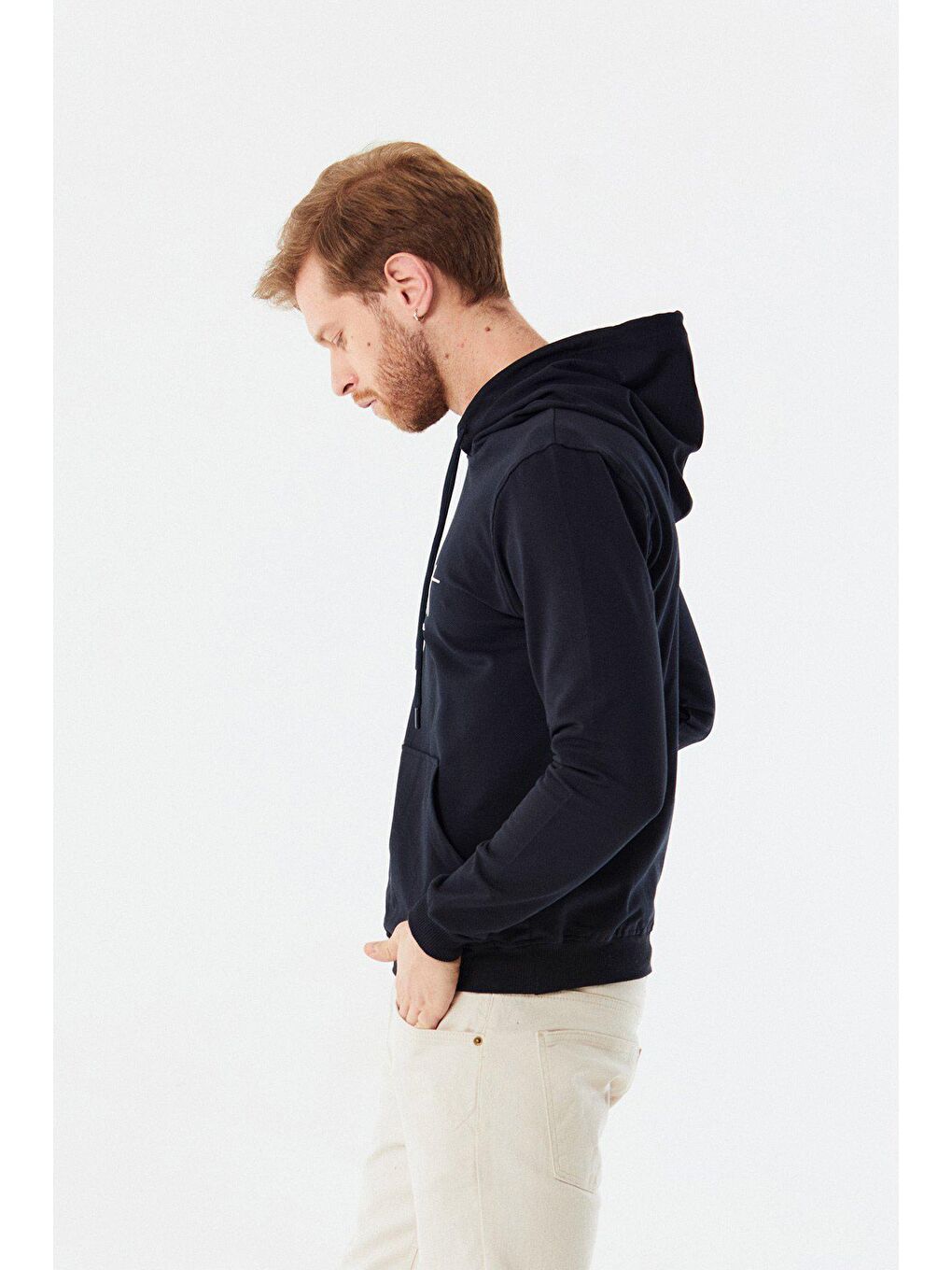 Lacivert Kanguru Cepli Minimalist Baskılı Kapüşonlu Sweatshirt-2