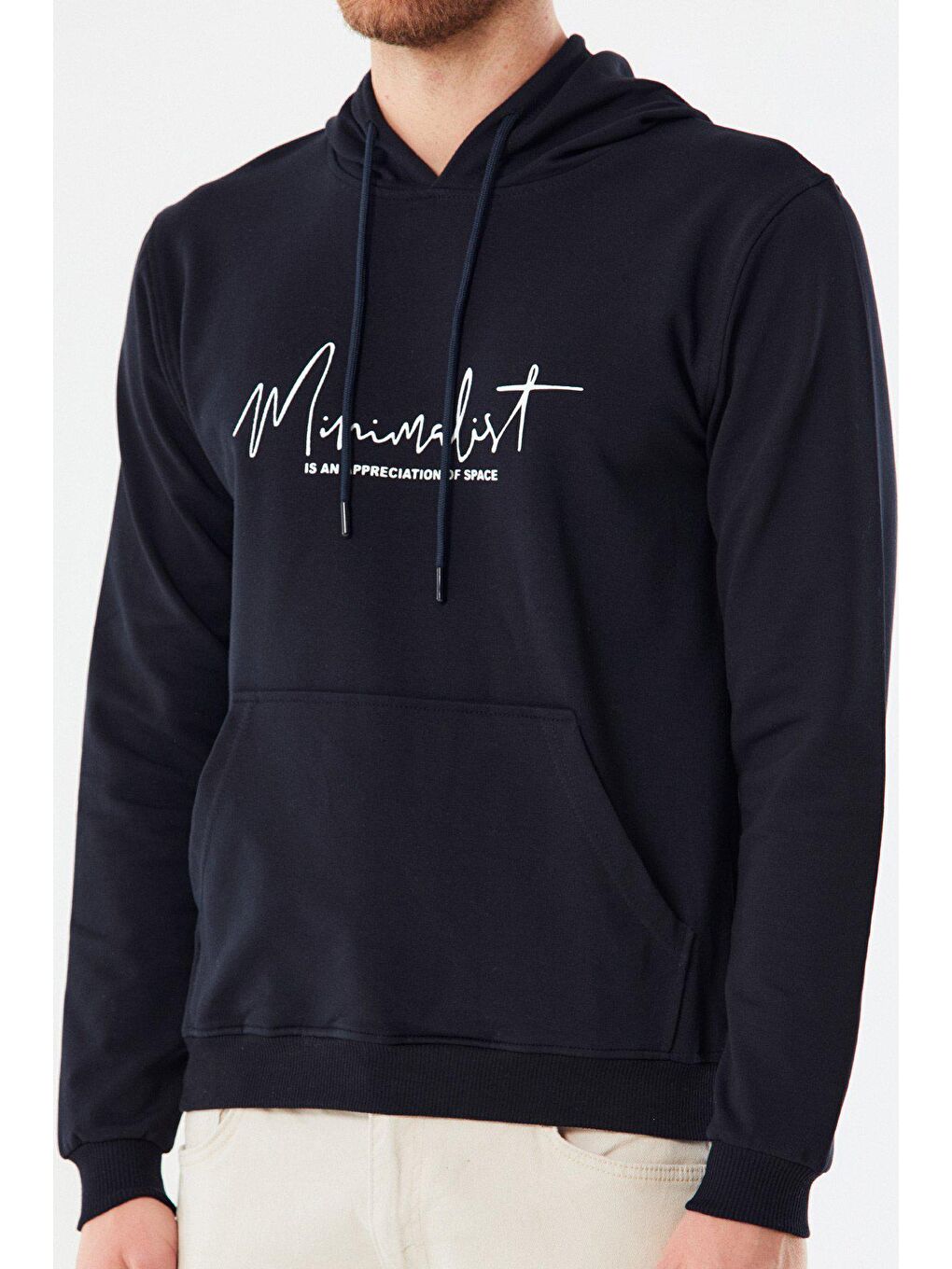 Lacivert Kanguru Cepli Minimalist Baskılı Kapüşonlu Sweatshirt-3