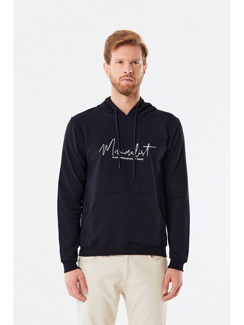 Lacivert Kanguru Cepli Minimalist Baskılı Kapüşonlu Sweatshirt-4