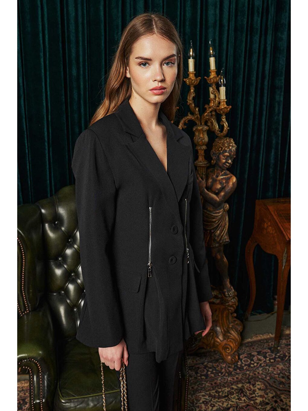 Fermuar Detaylı Siyah Blazer Ceket