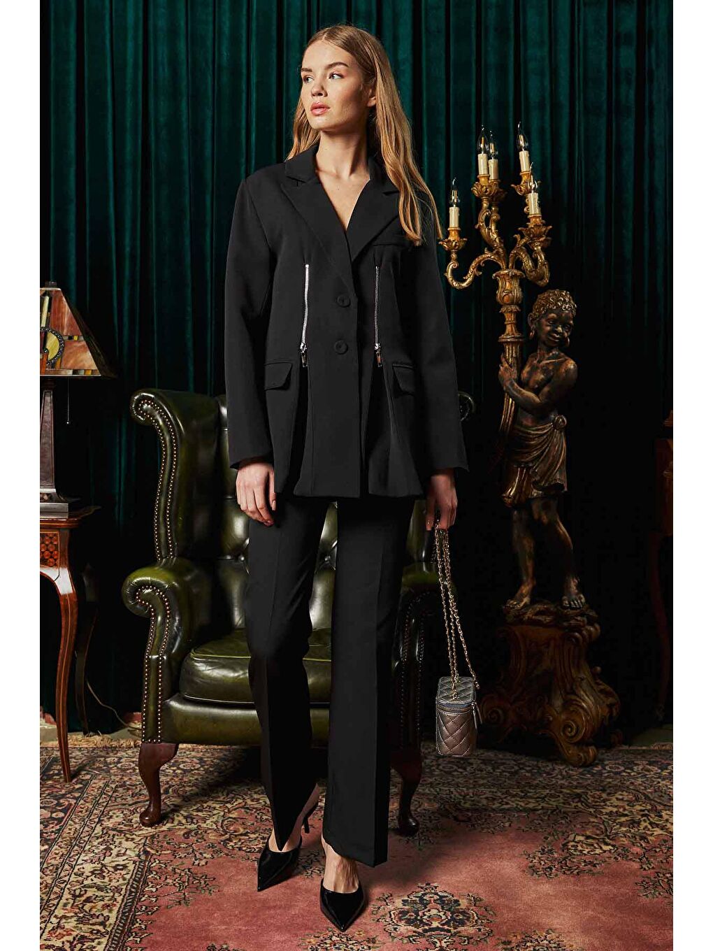 Fermuar Detaylı Siyah Blazer Ceket-1