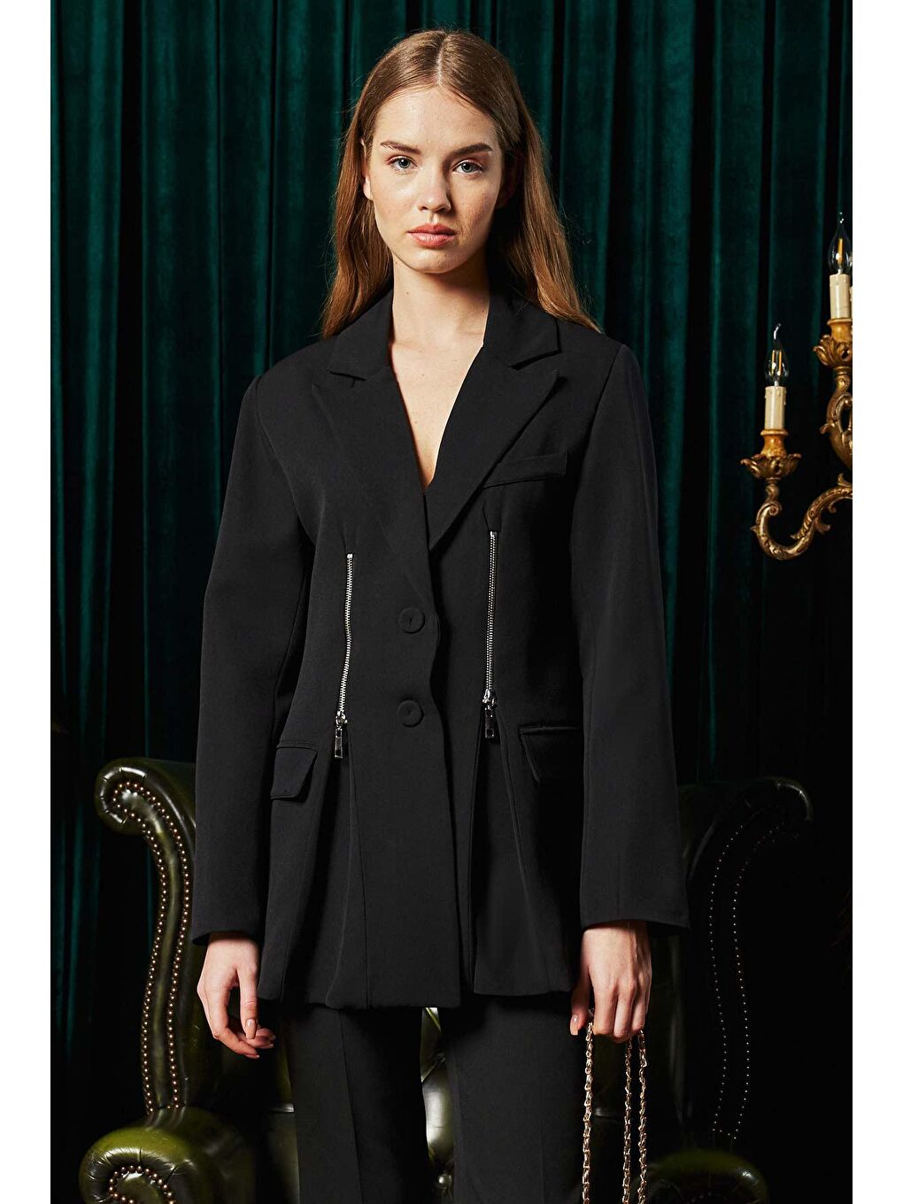 Fermuar Detaylı Siyah Blazer Ceket-2