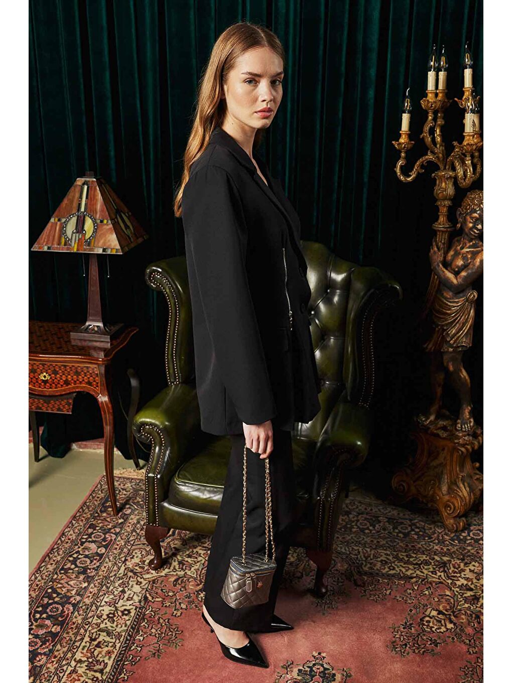 Fermuar Detaylı Siyah Blazer Ceket-3