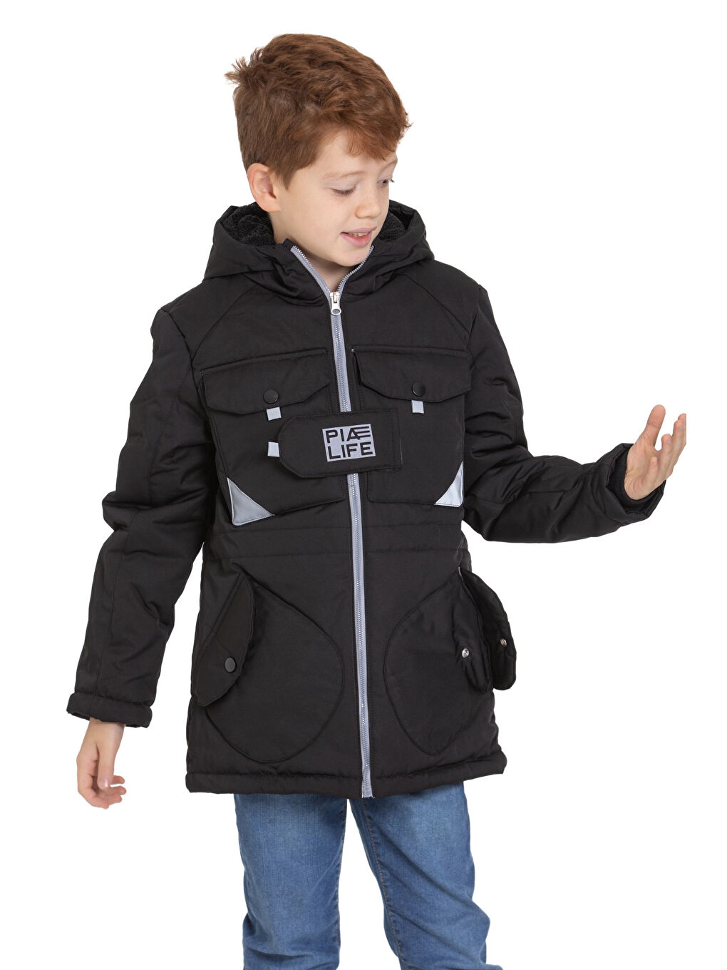 Siyah Cepli Kapüşonlu Erkek Çocuk Mont 4224-1