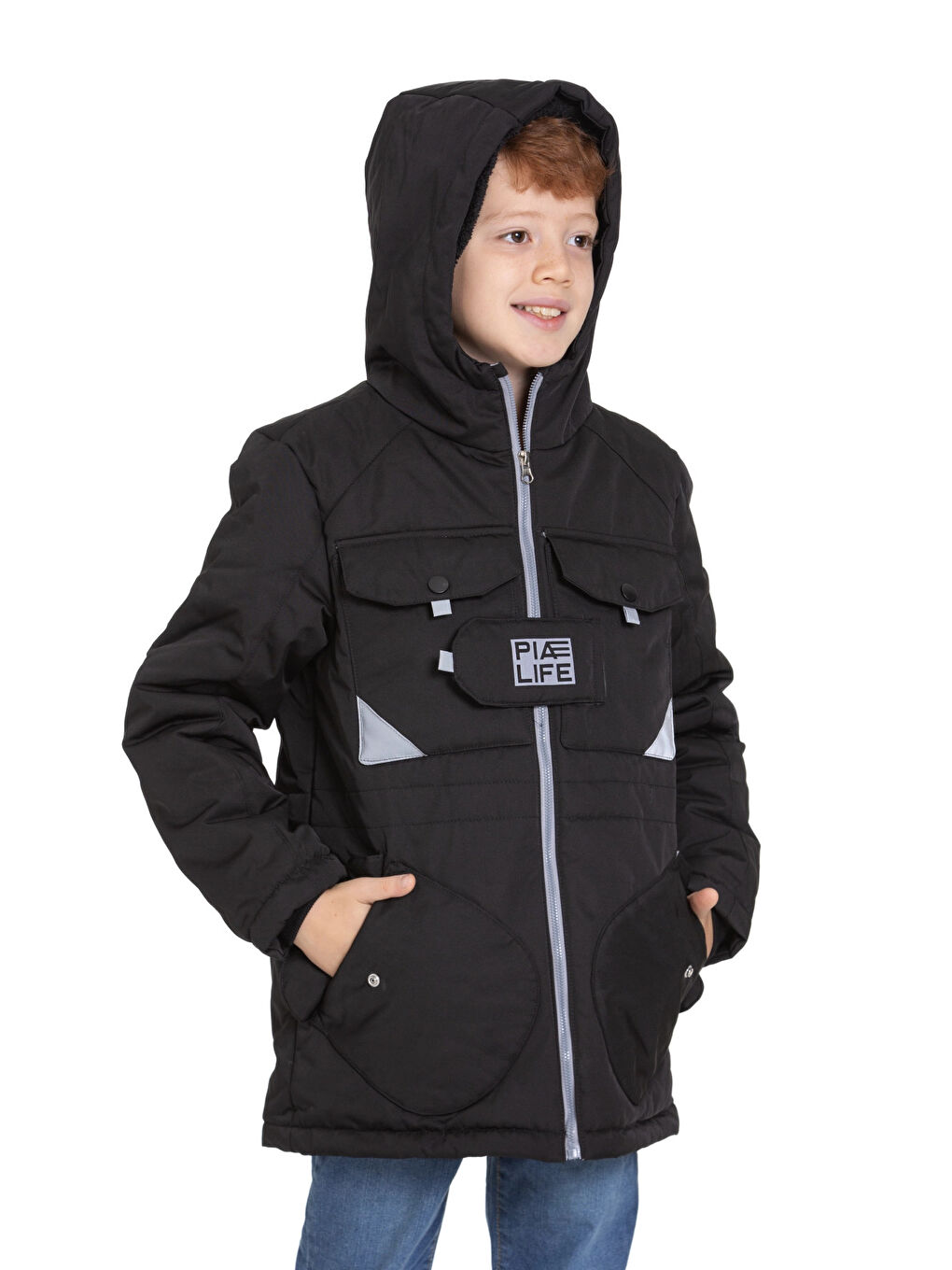 Siyah Cepli Kapüşonlu Erkek Çocuk Mont 4224-2