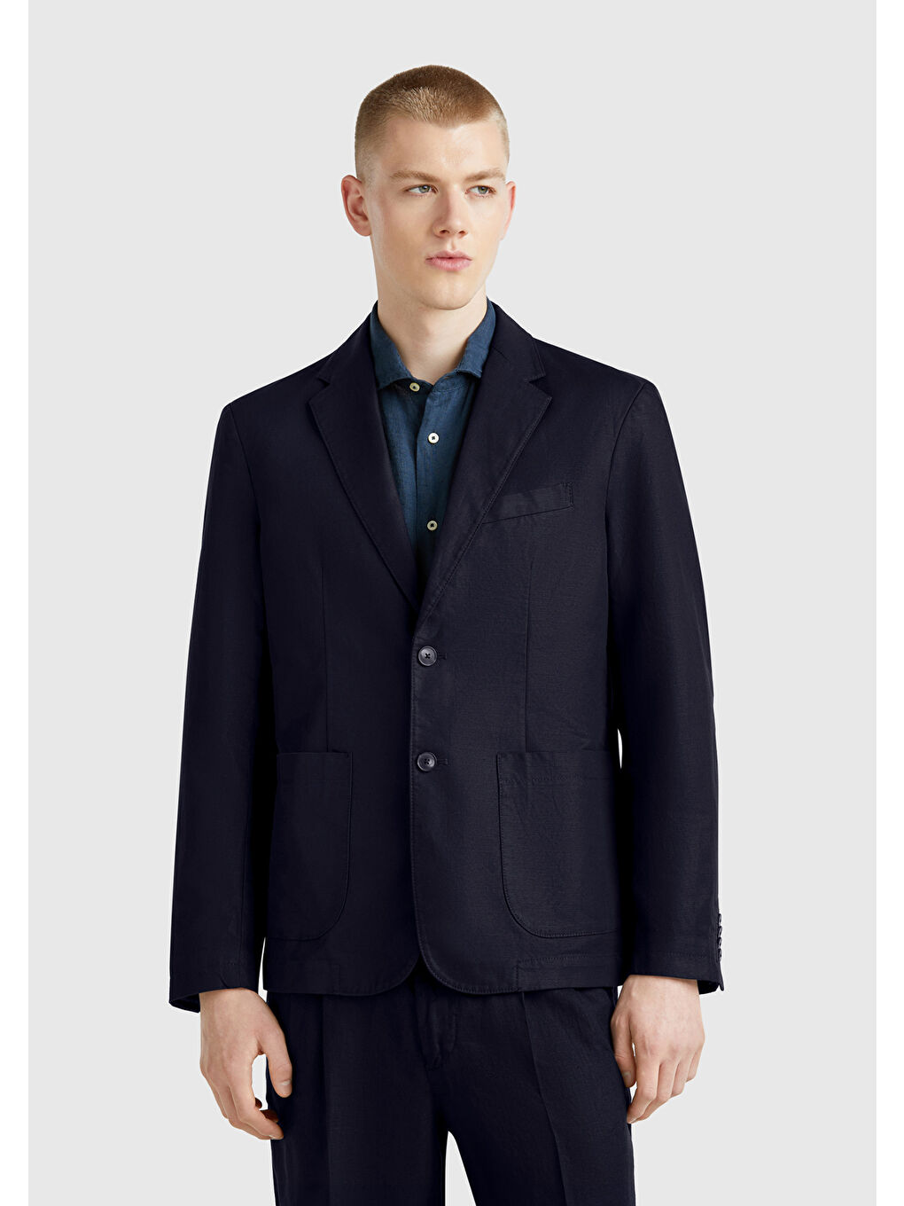 Erkek Koyu Lacivert Keten Karışımlı Biyeli Cep Detaylı Çift Düğmeli Blazer Ceket