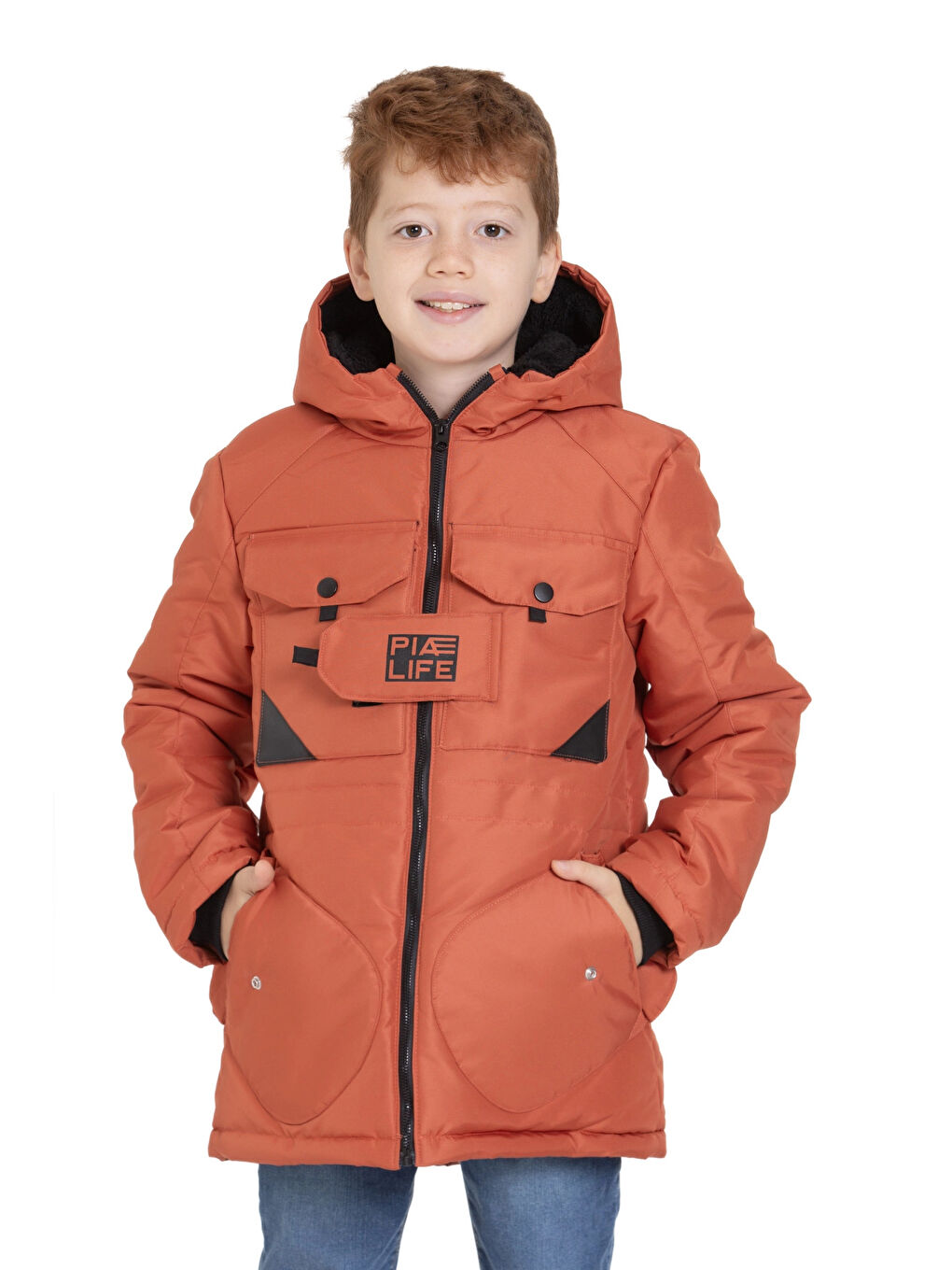 Kahverengi Cepli Kapüşonlu Erkek Çocuk Mont 4224