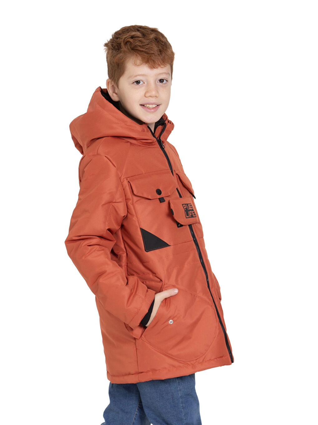 Kahverengi Cepli Kapüşonlu Erkek Çocuk Mont 4224-1