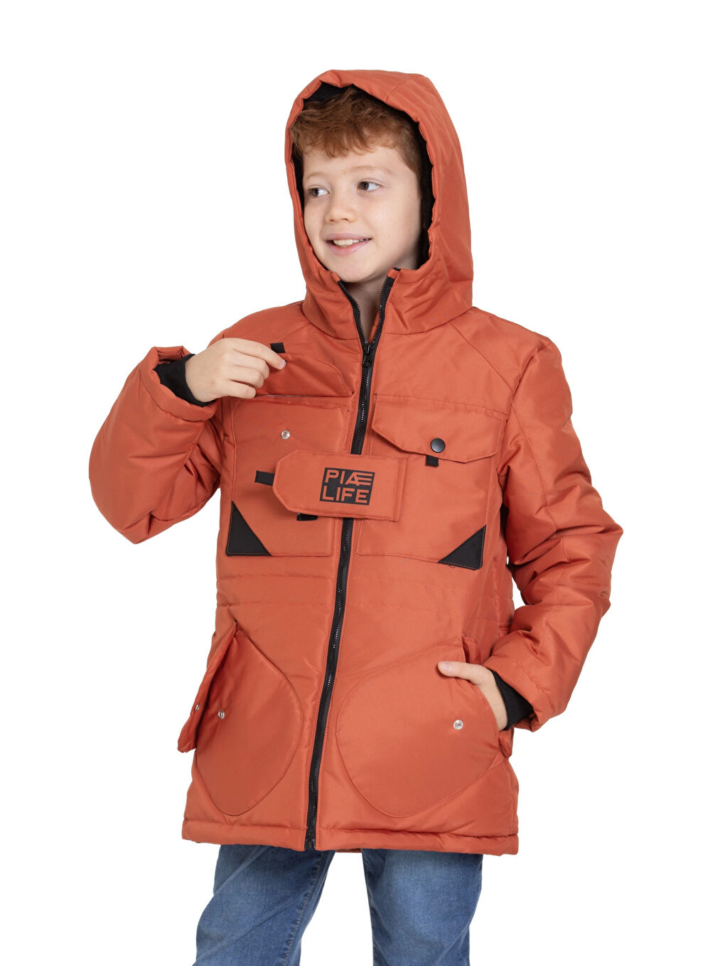 Kahverengi Cepli Kapüşonlu Erkek Çocuk Mont 4224-2