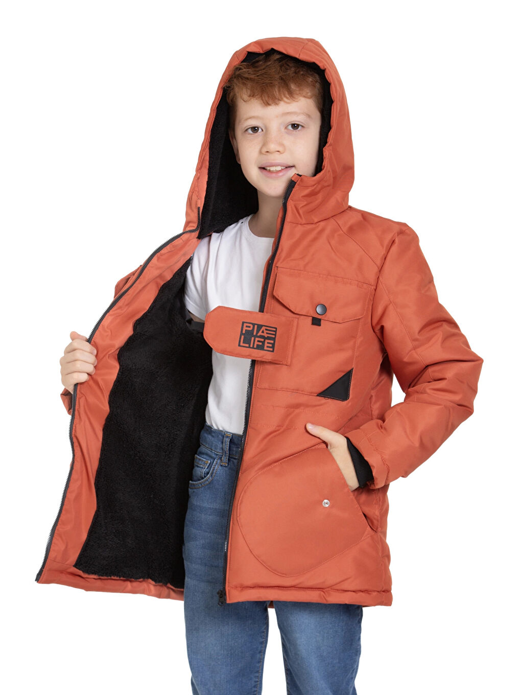 Kahverengi Cepli Kapüşonlu Erkek Çocuk Mont 4224-3