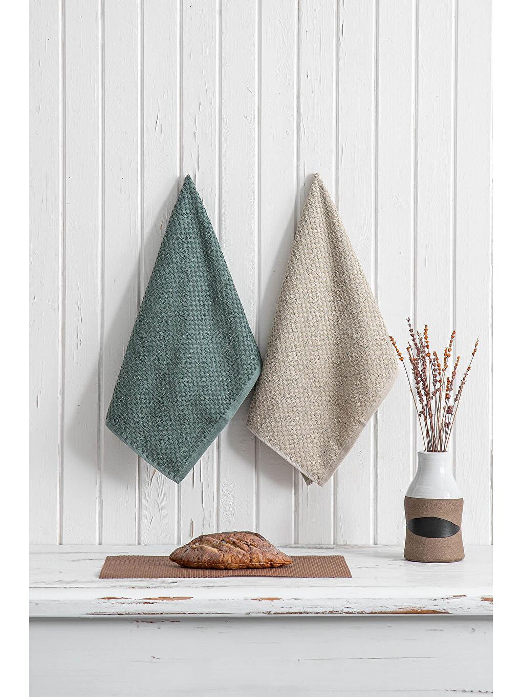 Parla 2'li Mutfak Havlusu %100 Pamuk  Bukle-Bukle Bej-Yeşil 50X70 Cm-4