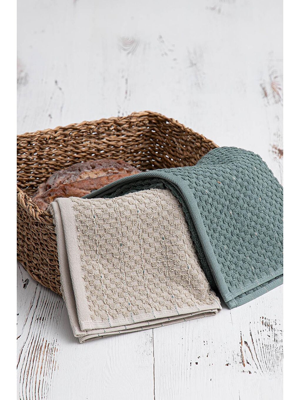 Parla 2'li Mutfak Havlusu %100 Pamuk  Bukle-Bukle Bej-Yeşil 50X70 Cm-7