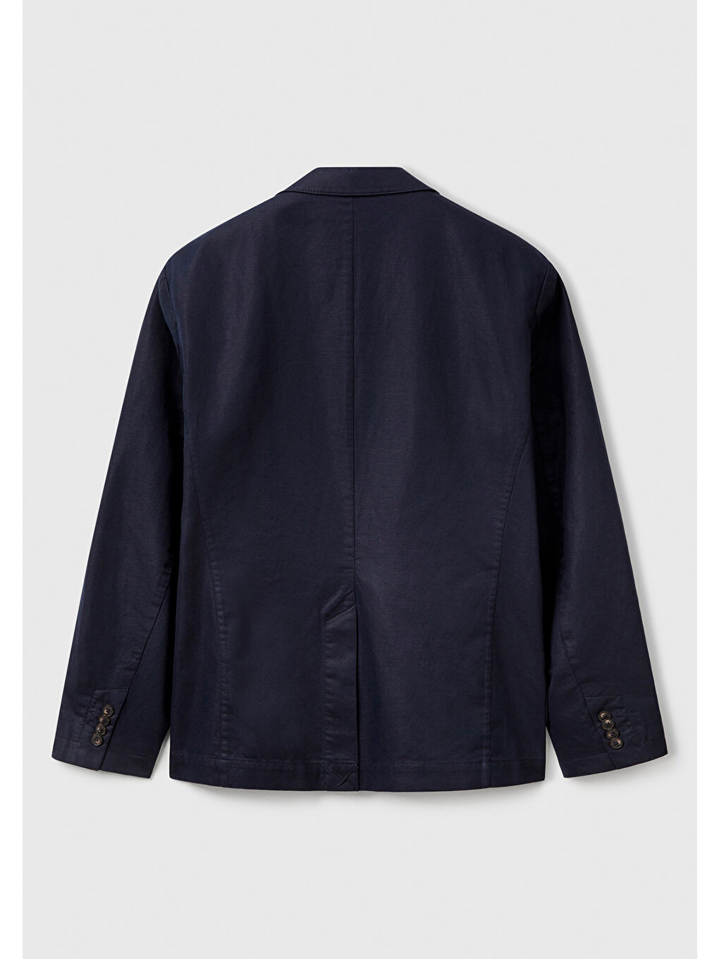 Erkek Koyu Lacivert Keten Karışımlı Biyeli Cep Detaylı Çift Düğmeli Blazer Ceket-3