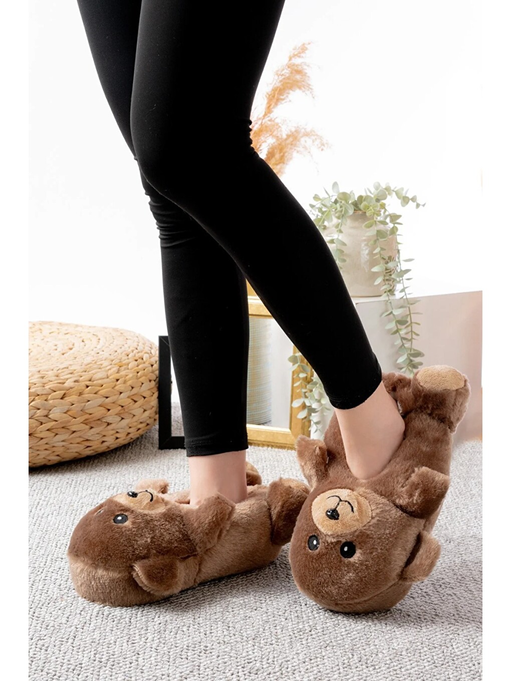 Kahverengi Ayıcık Figürlü Pelüş Panduf Ev Pandufu Unisex-2