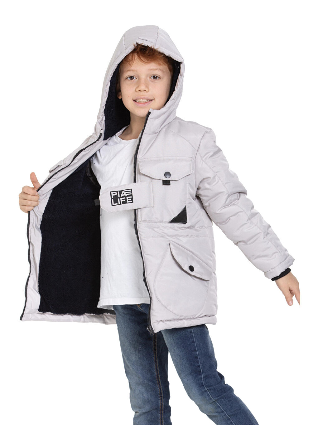 Gri Cepli Kapüşonlu Erkek Çocuk Mont 4223-1