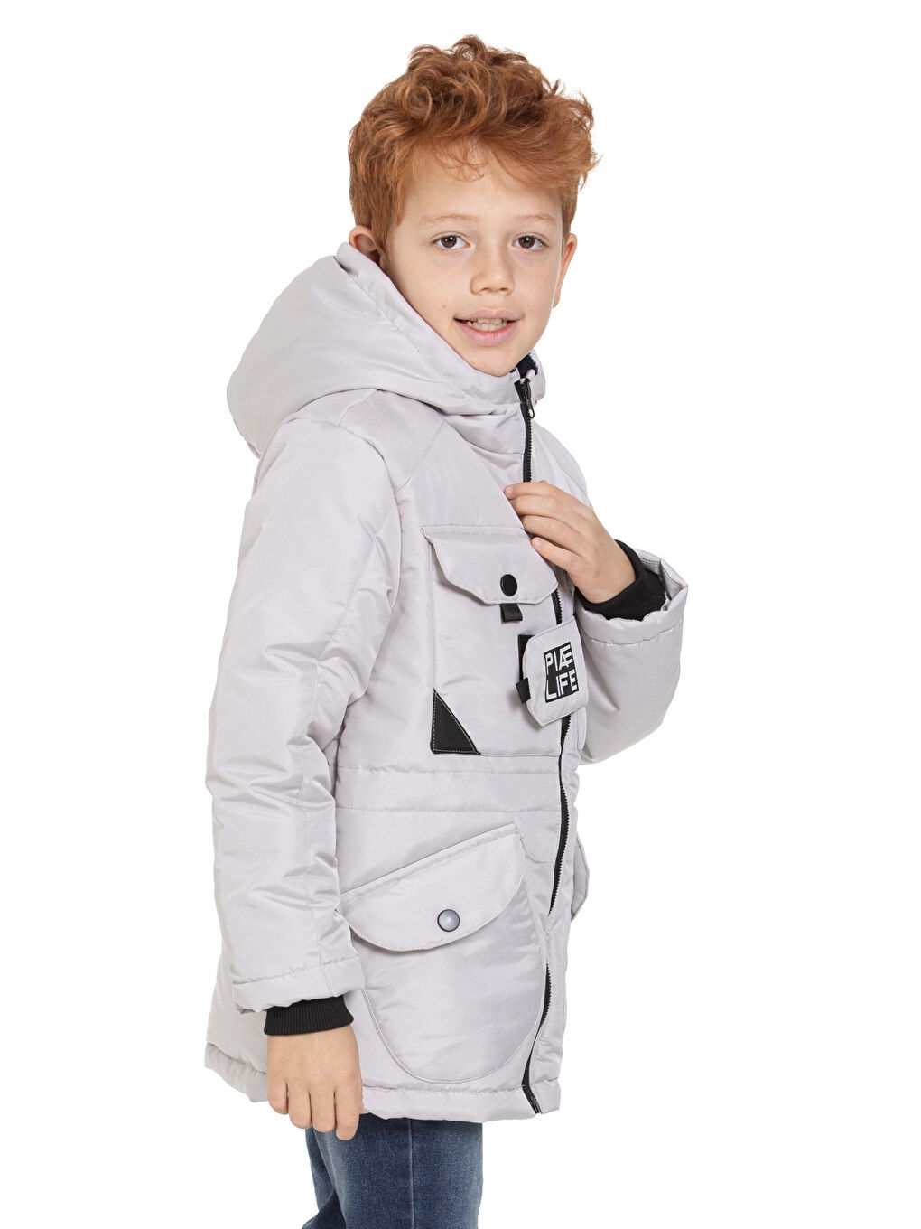 Gri Cepli Kapüşonlu Erkek Çocuk Mont 4223-2