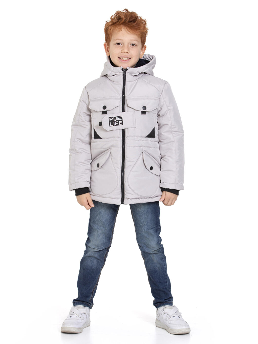 Gri Cepli Kapüşonlu Erkek Çocuk Mont 4223-3