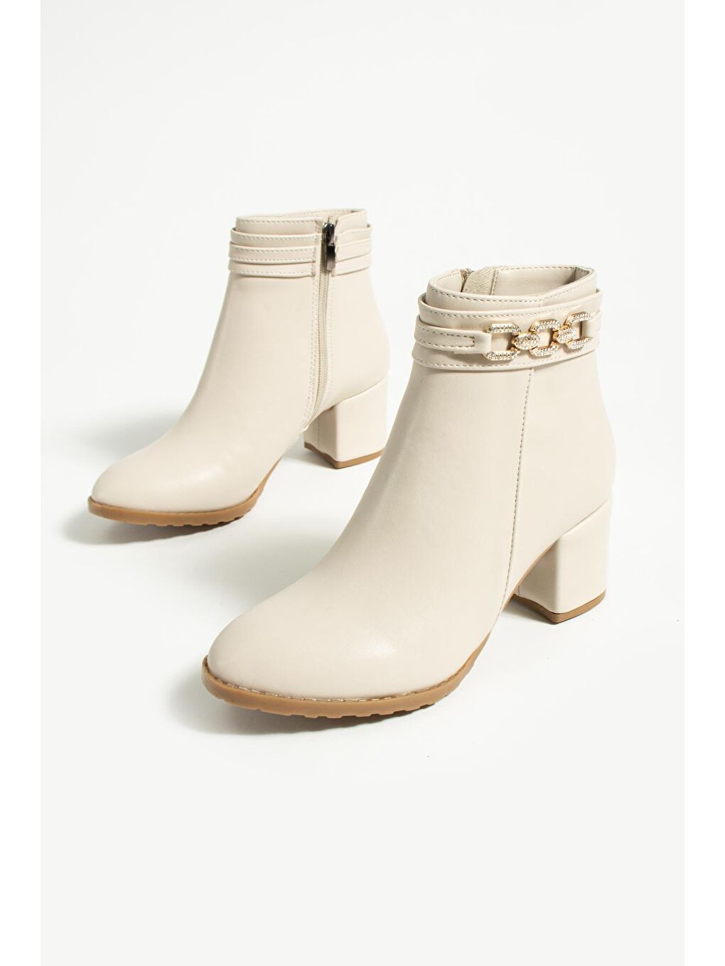 Ekru Zincir Detaylı Fermuarlı Kalın Topuklu Kadın Bot 018-303-23Cilt-3