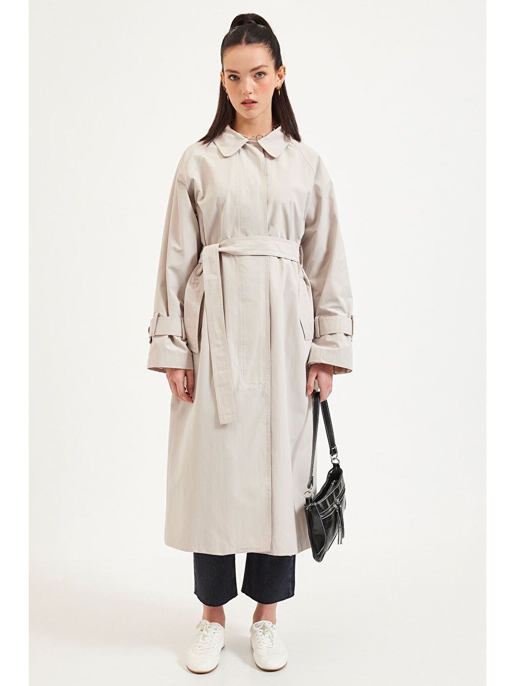 Bej Önden Düğmeli Trençkot - Taş