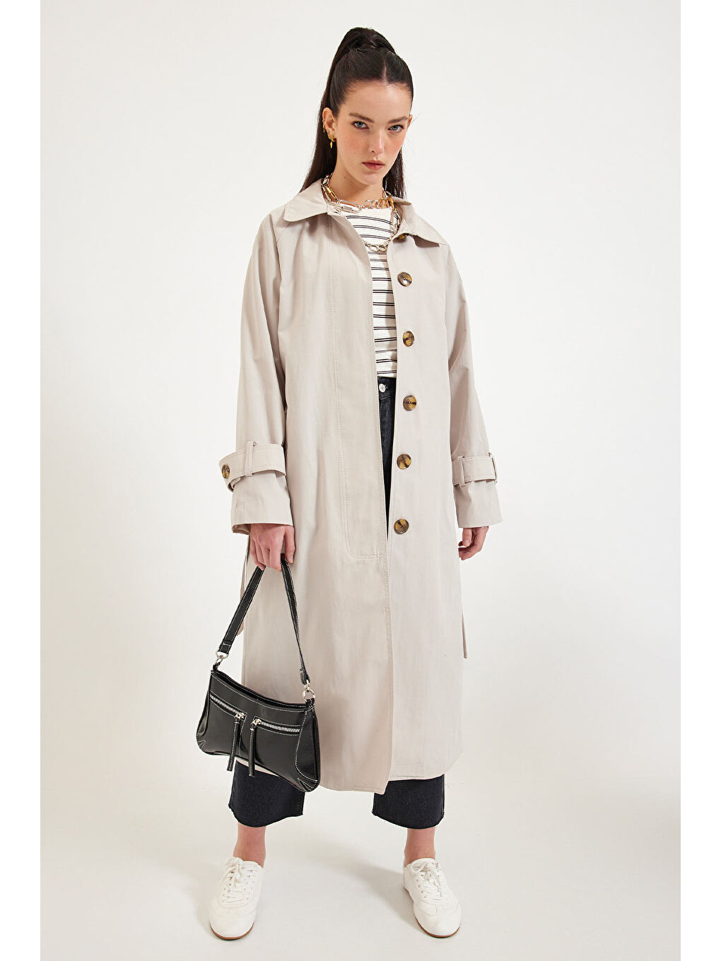 Bej Önden Düğmeli Trençkot - Taş-1
