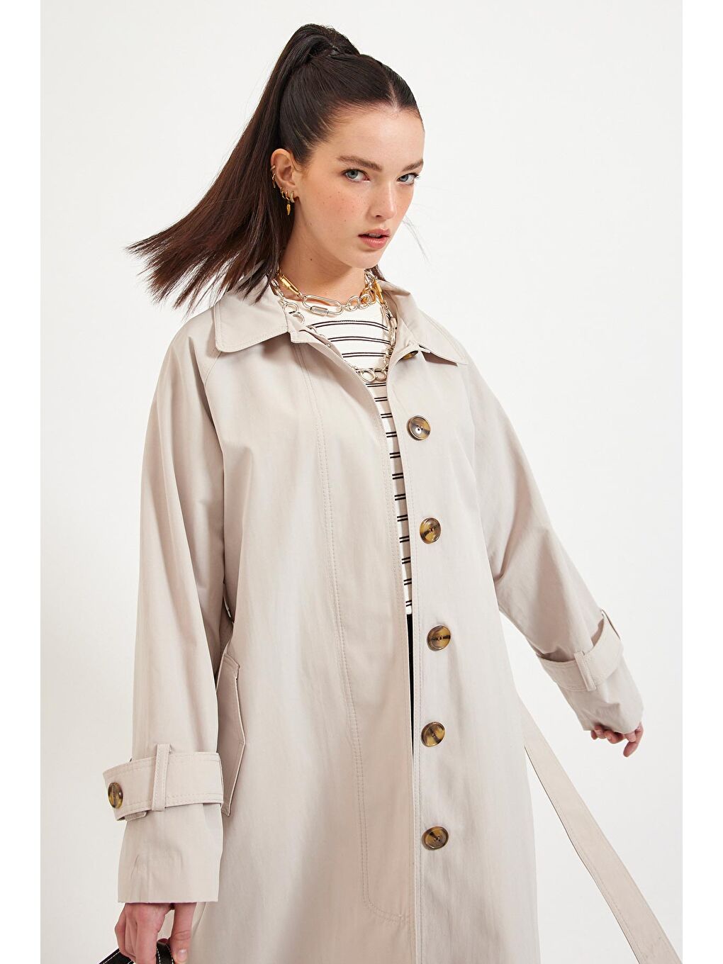 Bej Önden Düğmeli Trençkot - Taş-2